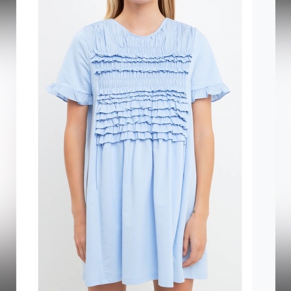English Factory Mixed Media Ruffle Detail Dress Powder Blue - Picture 2 of 8